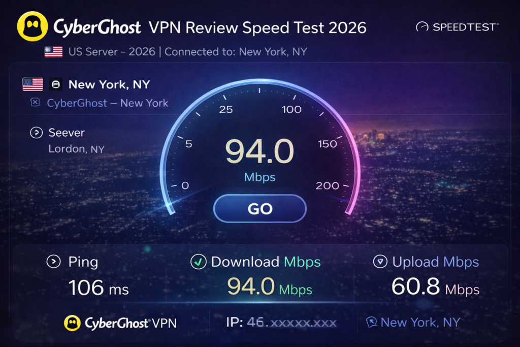 CyberGhost VPN review speed test result for a US (New York) server showing 94.0 Mbps download speed and 106ms ping in 2026.