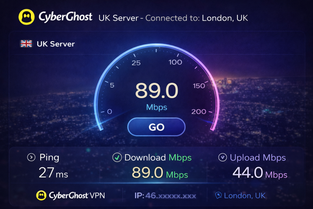 A screenshot of CyberGhost VPN review speed results on a UK (London) server, demonstrating 89.0 Mbps download speed and low 27ms latency.