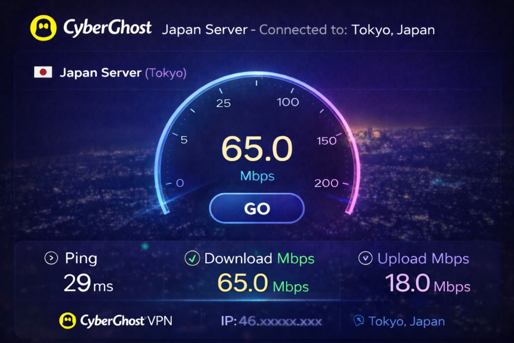 CyberGhost VPN review performance on a Japan (Tokyo) server showing 65.0 Mbps download speed and remarkably low 29ms ping for gaming.