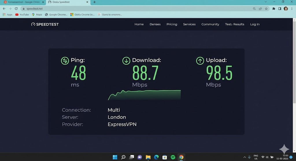 ExpressVPN review test on UK London server showing 88.7 Mbps download and 98.5 Mbps upload speed.