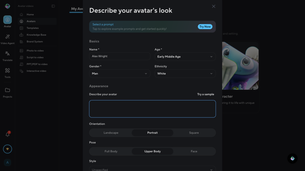 Setting up HeyGen AI avatars: Creating a custom digital twin and user profile in the active dashboard for video marketing.