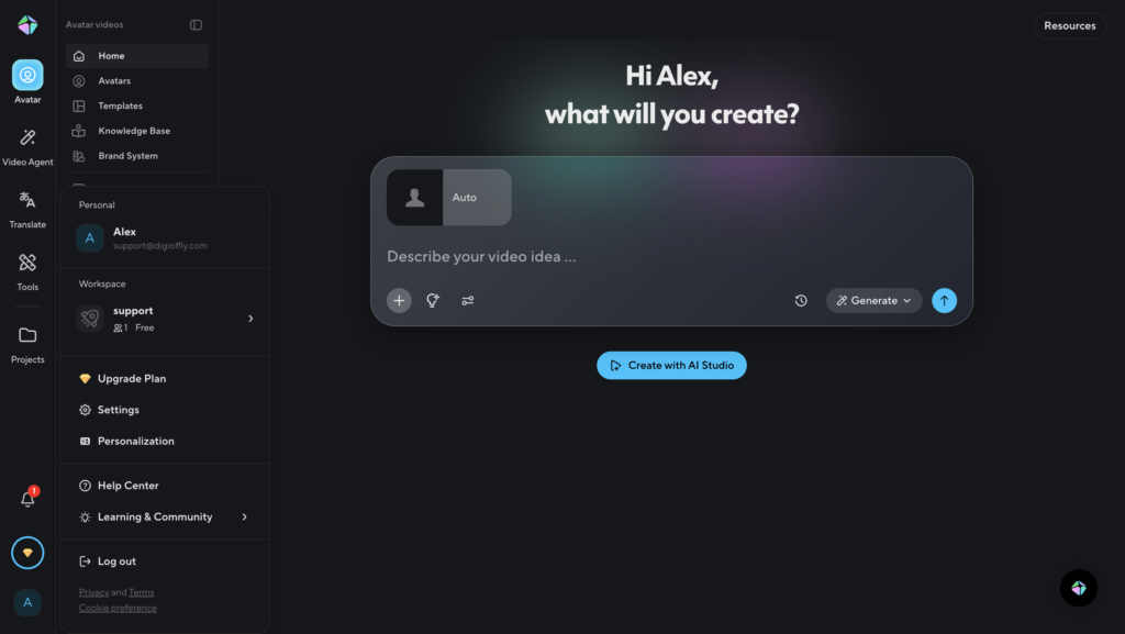 HeyGen review 2026: The main dashboard and user interface of this AI video generator showing the workspace and video creation prompt.