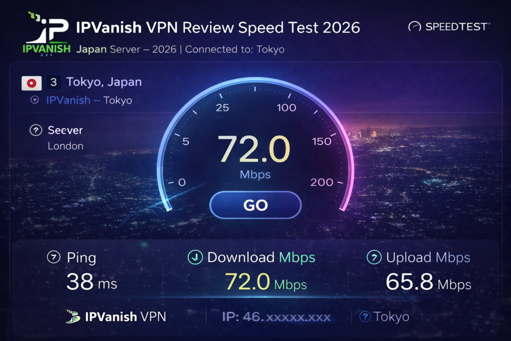 IPVanish VPN review speed test result for Japan (Tokyo) server showing 72.0 Mbps download speed and 38ms ping.