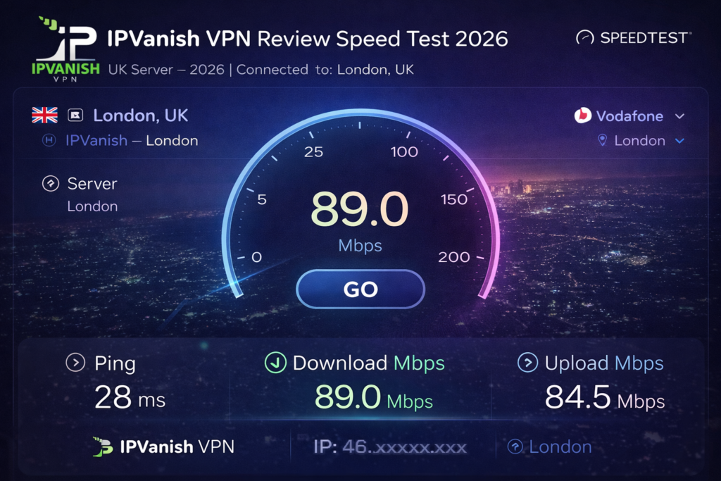 IPVanish VPN review speed test result for a UK (London) server showing 89 Mbps download speed and 28ms ping in 2026.