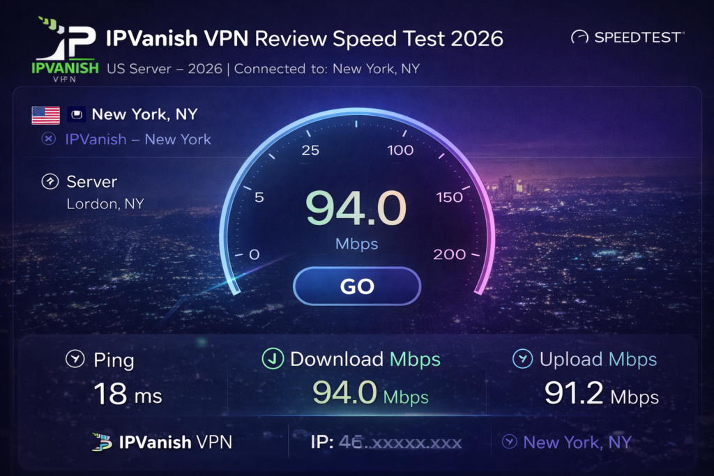 IPVanish VPN review speed test result showing 94 Mbps download speed on a New York, USA server in 2026.