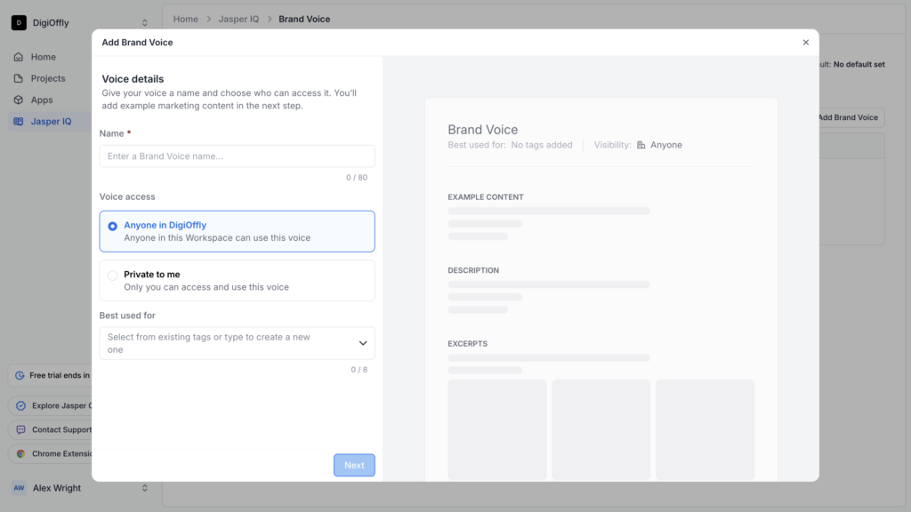 Jasper AI brand voice setup menu showing options to create a custom tone of voice for marketing content