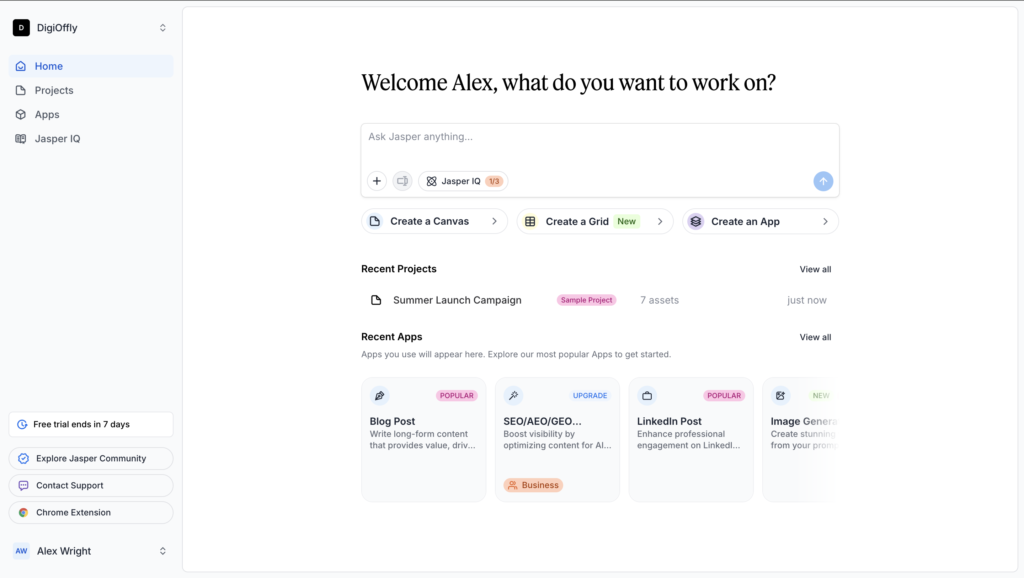 Jasper AI dashboard and user interface showing marketing templates and the document editor workspace