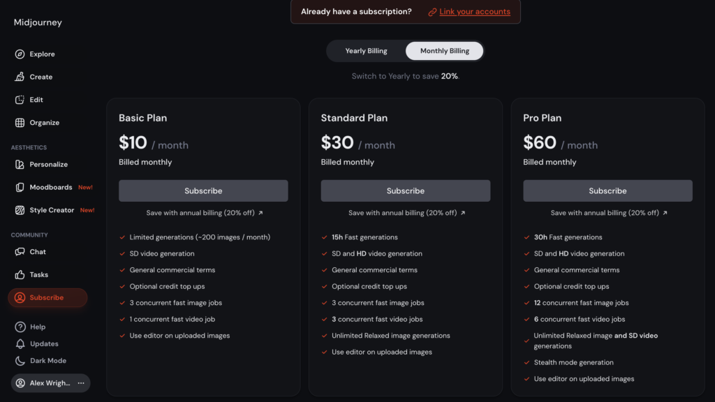 Midjourney pricing plans comparison showing basic, standard, and pro subscription tiers