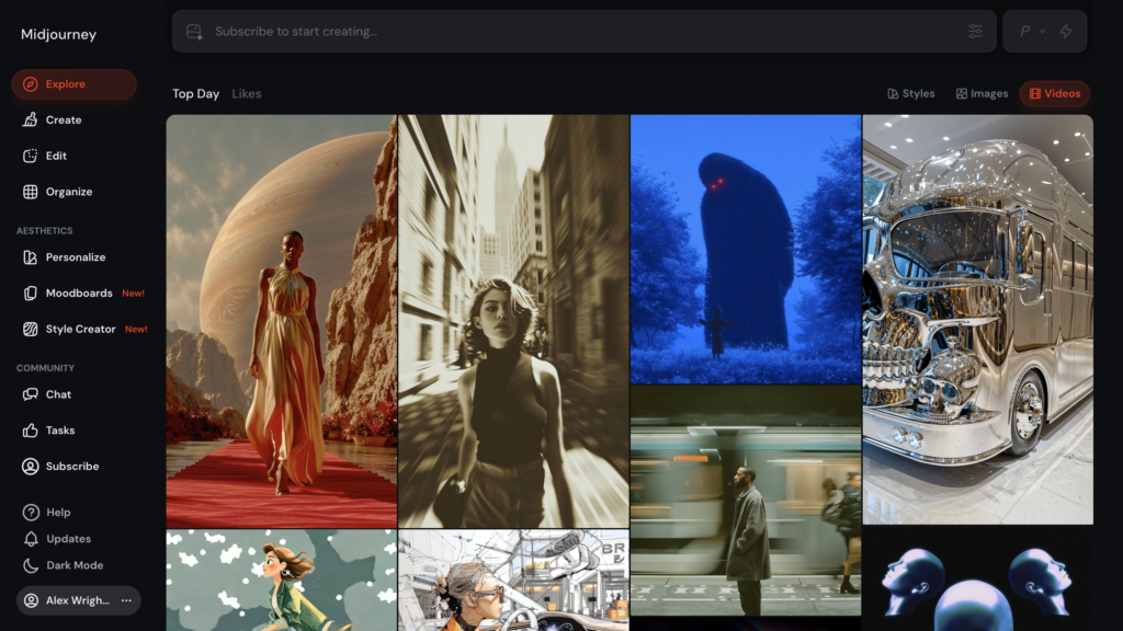 Midjourney review 2026: Explore tab showing photorealistic AI generated images and the new web interface