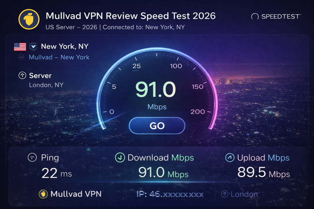 Mullvad VPN review speed test result connected to a USA (New York) server, showing a fast 91 Mbps download speed using WireGuard.