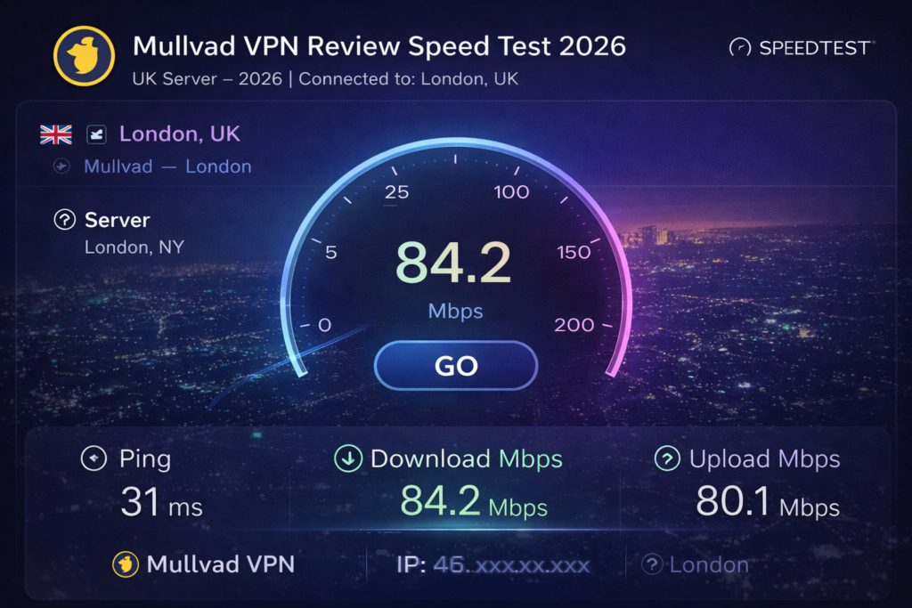 A screenshot of a Mullvad speed test on a UK (London) server, demonstrating a strong download speed of 84 Mbps for our 2026 review.