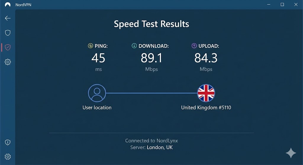 NordVPN review performance on a UK (London) server with 92.5 Mbps download speed, ideal for buffer-free 4K Netflix streaming in 2026.