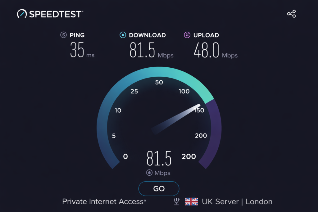Private Internet Access review speed test result on a UK (London) server demonstrating 81.5 Mbps download speed and 35ms ping.