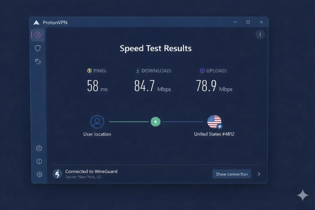 Proton VPN review performance in the UK (London) with the VPN Plus plan, demonstrating the reliable speed and Swiss privacy standards of their 10 Gbps network.