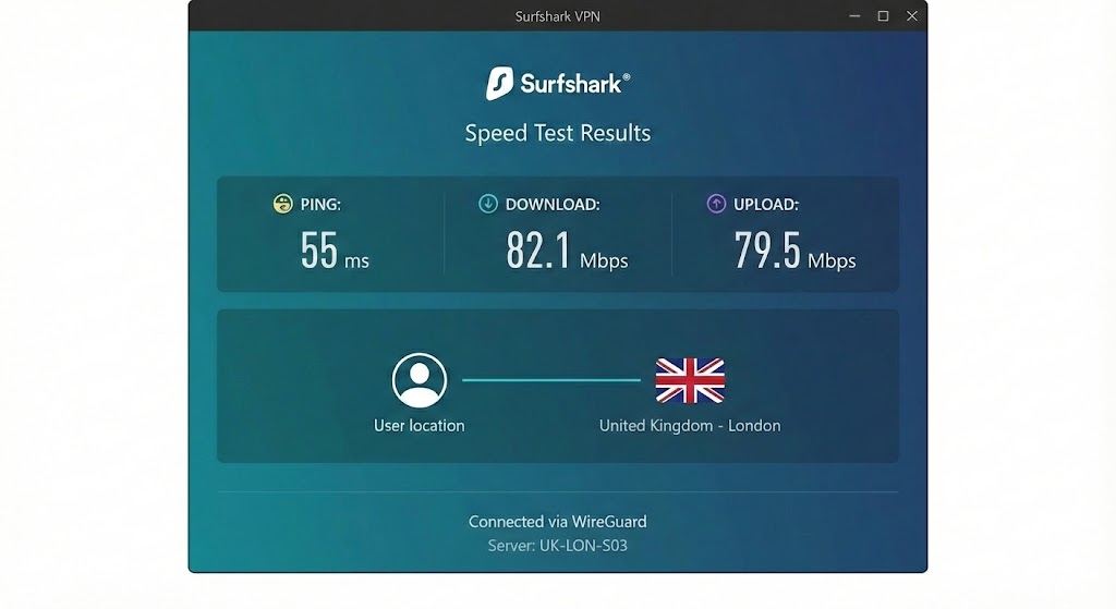 Surfshark review speed test results UK server London 82 Mbps