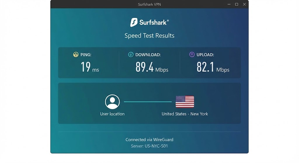 Surfshark review speed test results US server New York 89 Mbps