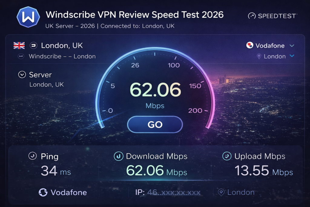Windscribe VPN speed test Japan Tokyo server result showing 62 Mbps download.