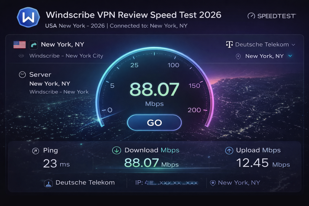 Windscribe VPN review speed test result on US New York server showing 88 Mbps download speed.