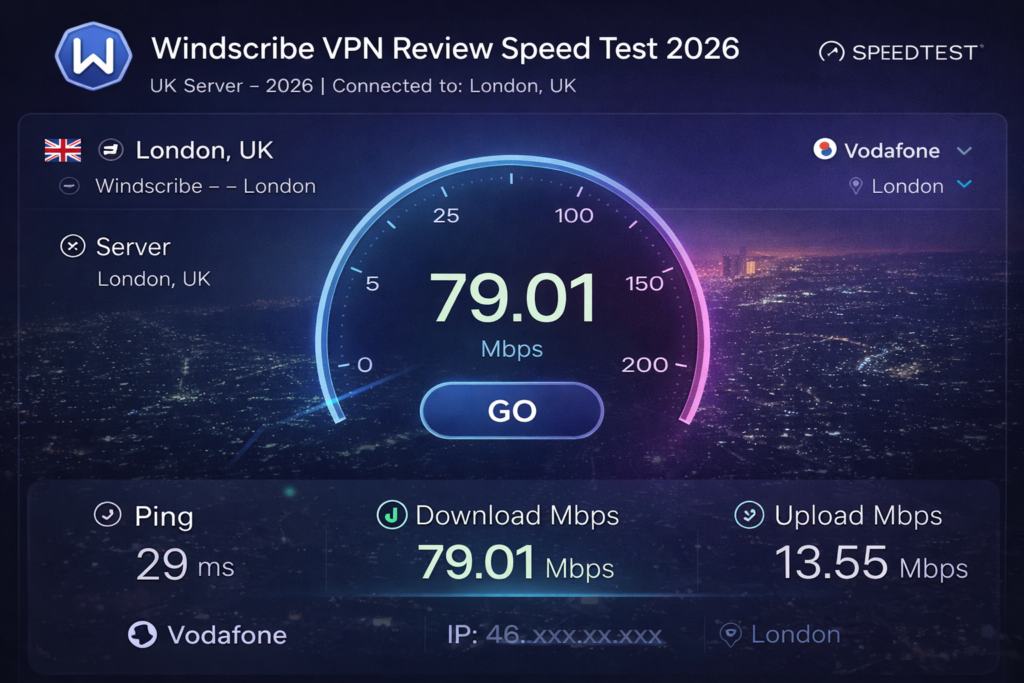 Windscribe speed test UK London server 79 Mbps download for BBC iPlayer streaming.