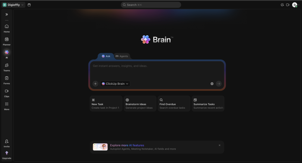 ClickUp Brain AI features interface for generating ideas, summarizing tasks, and automating workflows
