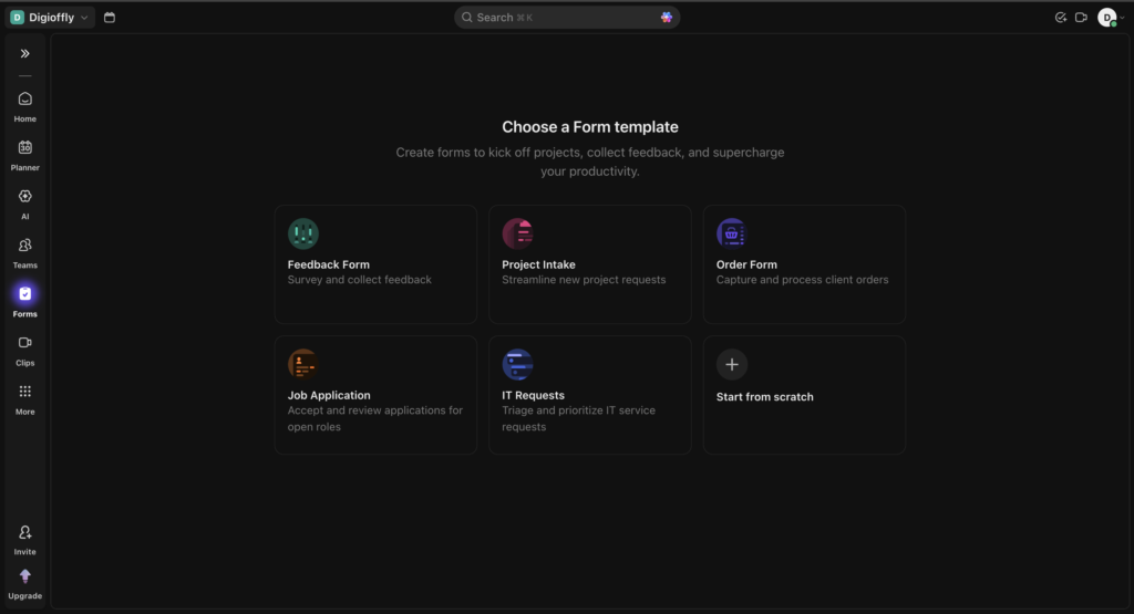 ClickUp forms templates for project intake and capturing client feedback directly into tasks