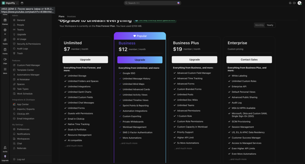 ClickUp pricing plans 2026 showing Unlimited, Business, and Enterprise tiers