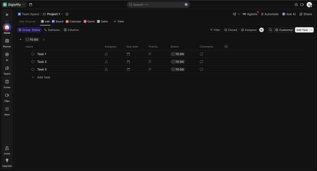 ClickUp project management list view showing task organization and hierarchy for agencies