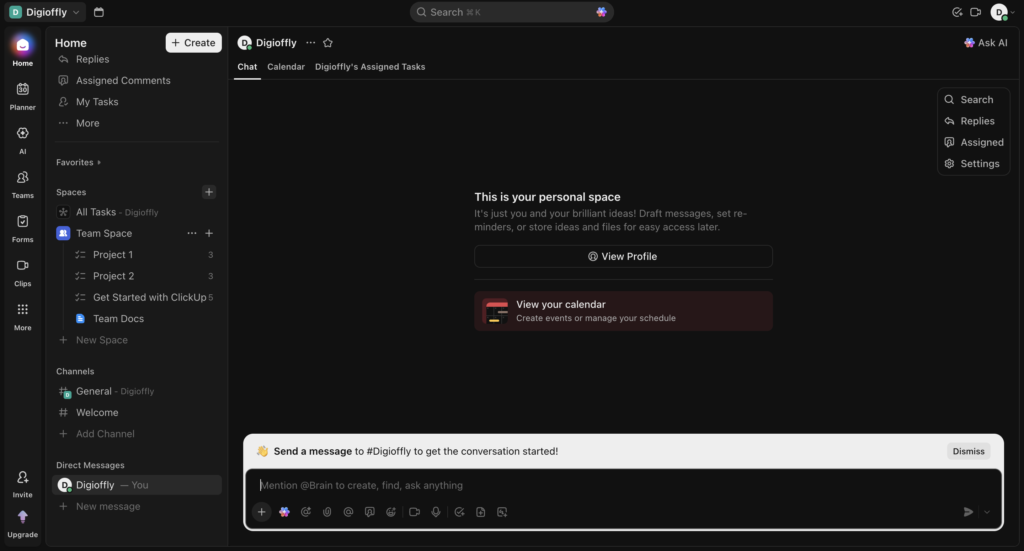 ClickUp team chat and direct messaging interface used as a Slack alternative for small business