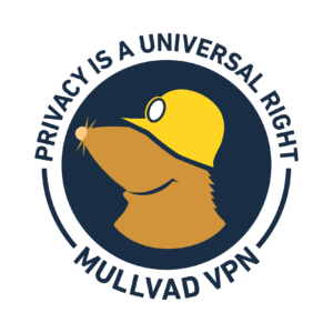 Mullvad VPN logo with mole mascot and "Privacy is a universal right" slogan for anonymous browsing