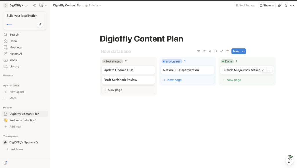 Notion Kanban board database view demonstrating how to use Notion for project management and content tracking.