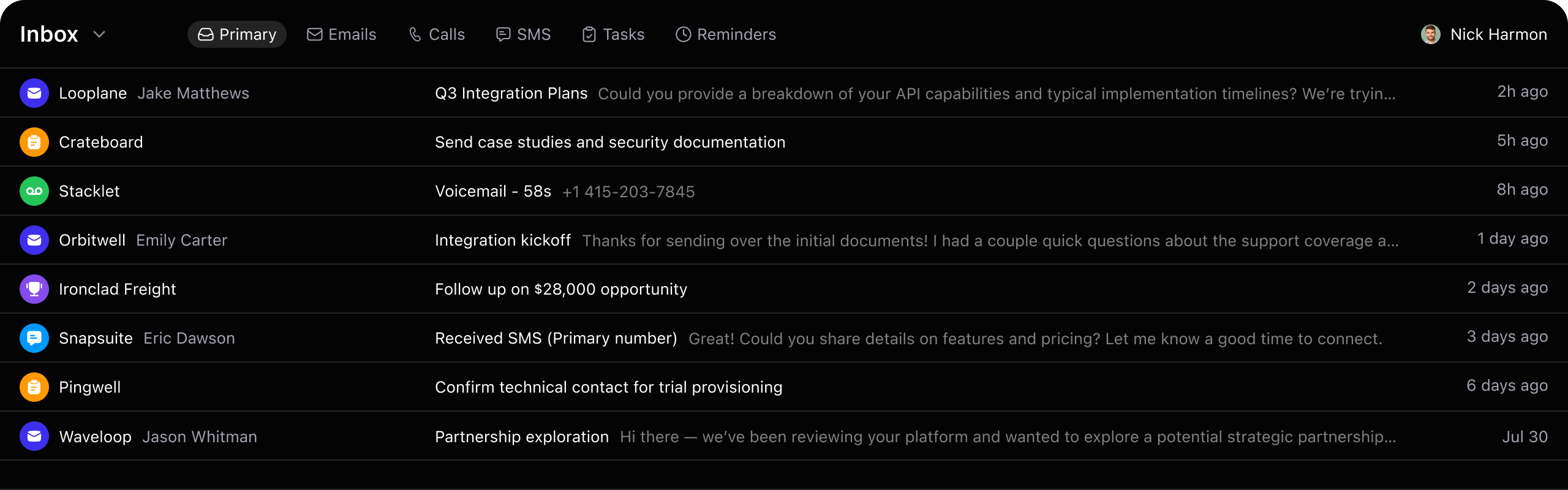 Close CRM official Inbox view for calls, messages, tasks and sales follow-ups