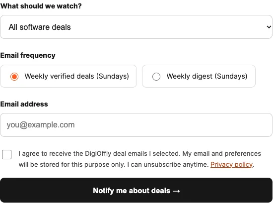 DigiOffly deal alerts registration form with product and category preferences