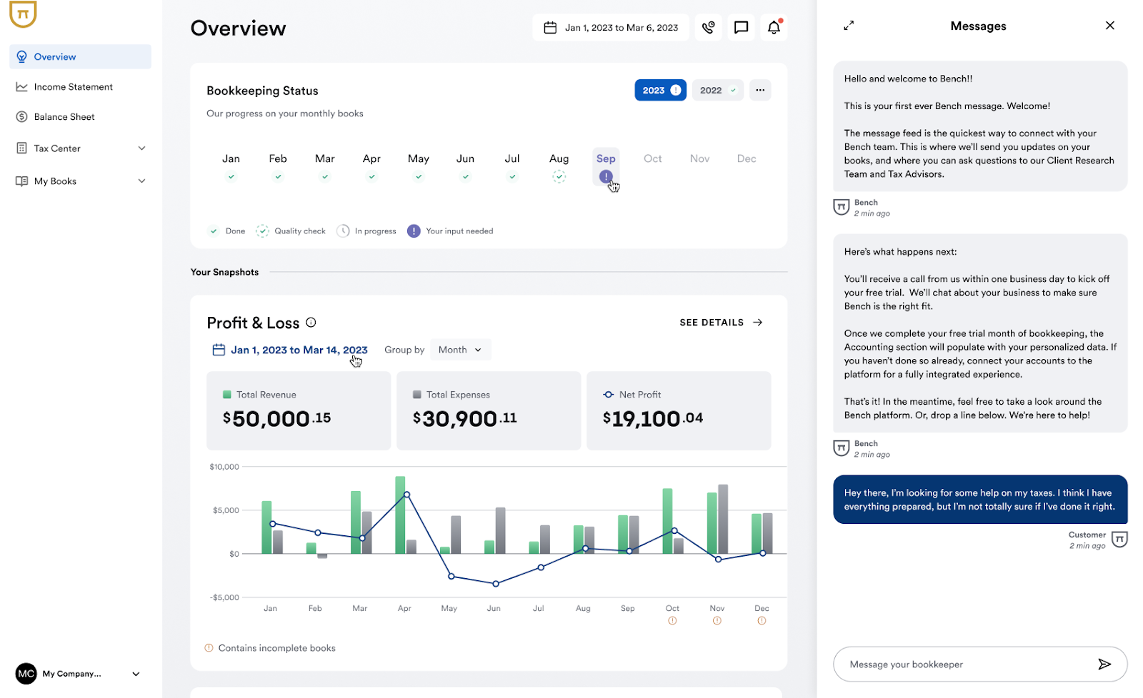 Bench Accounting review: vendor help center messages, bookkeeping progress and profit and loss dashboard