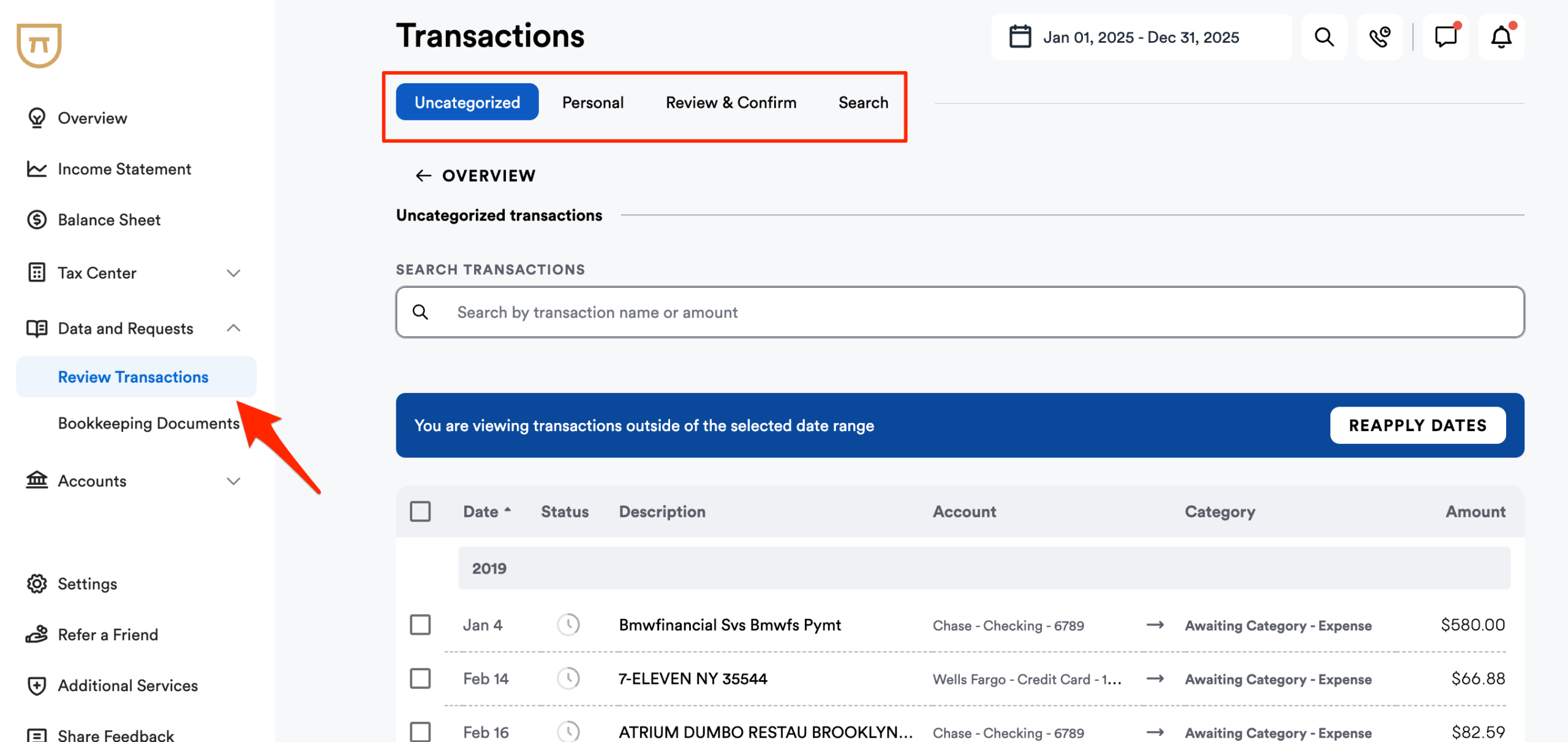 Bench bookkeeping service: official Bench help center transaction categorization screen