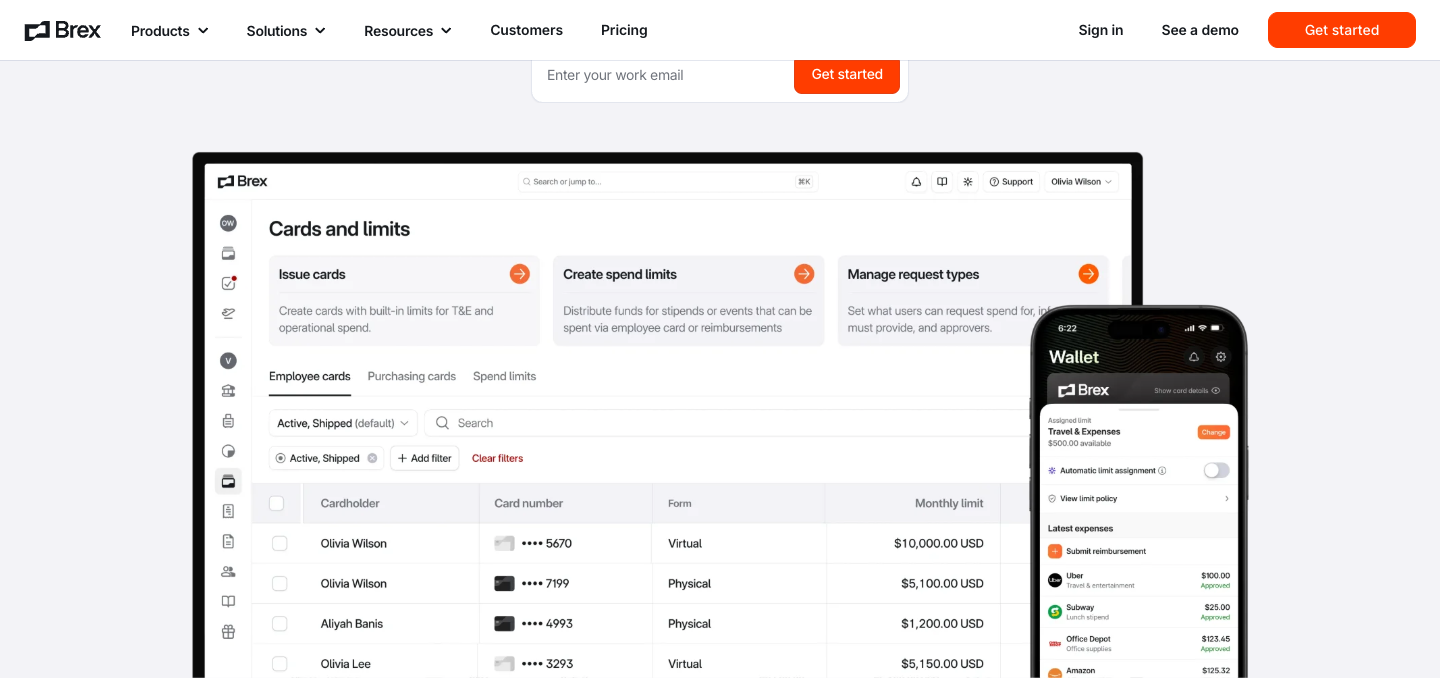 Brex expense management: official product website example showing corporate employee cards and spend limits