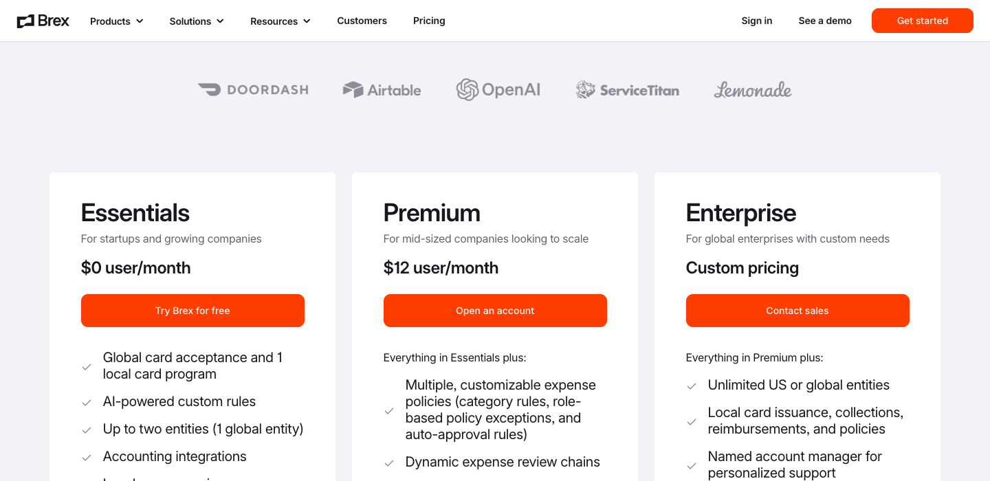 Brex review 2026: official Essentials free, Premium $12 per user and Enterprise custom pricing screenshot