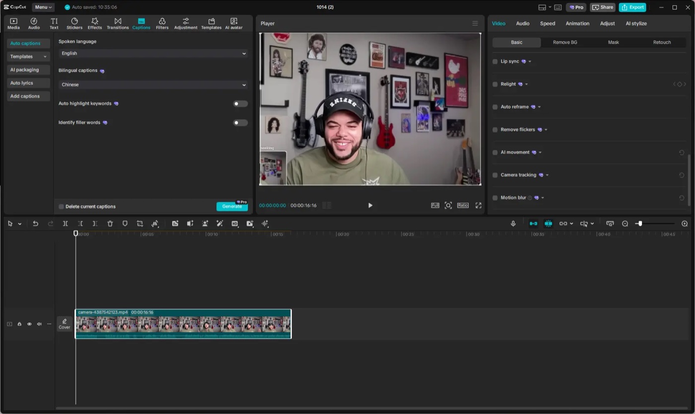 Official CapCut captioning workspace with spoken language selector, caption options, talking-head preview and timeline