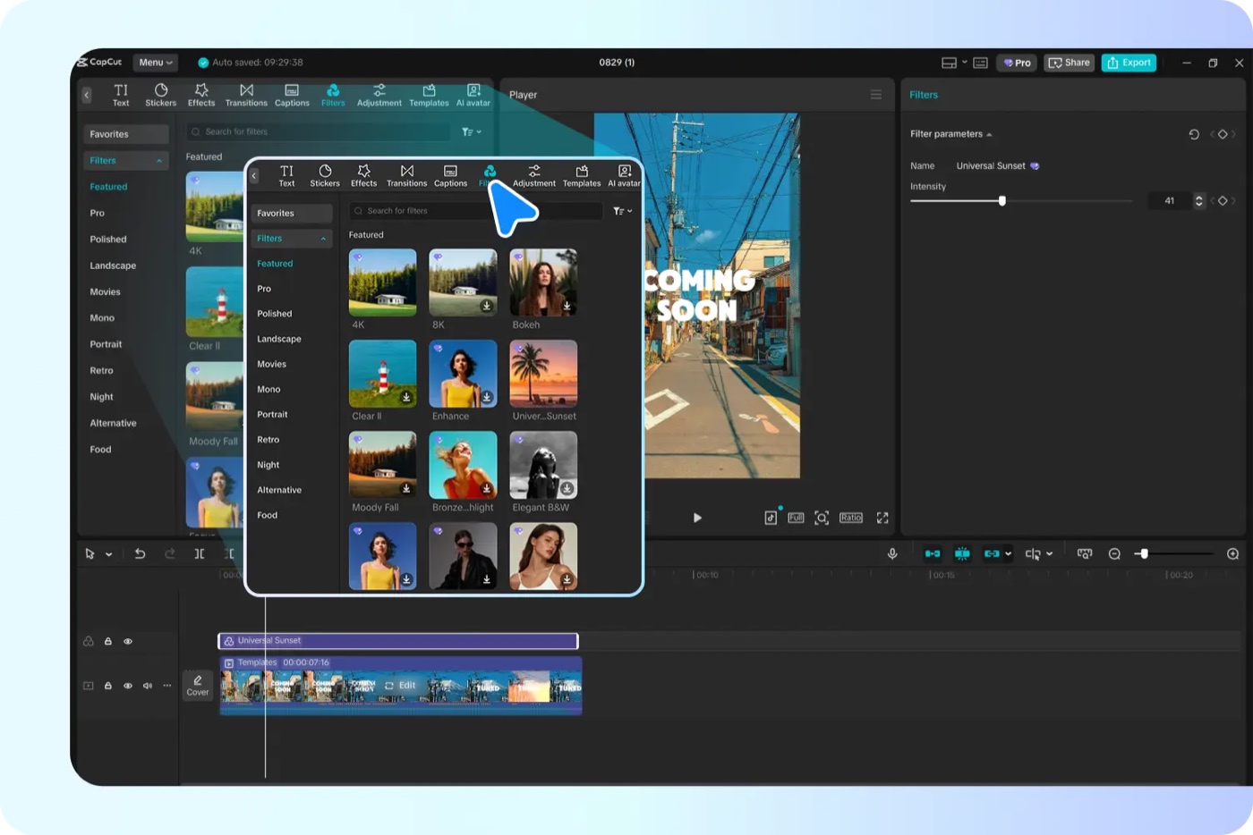 Official CapCut desktop video editor showing timeline, portrait preview, filter library and adjustable video effects