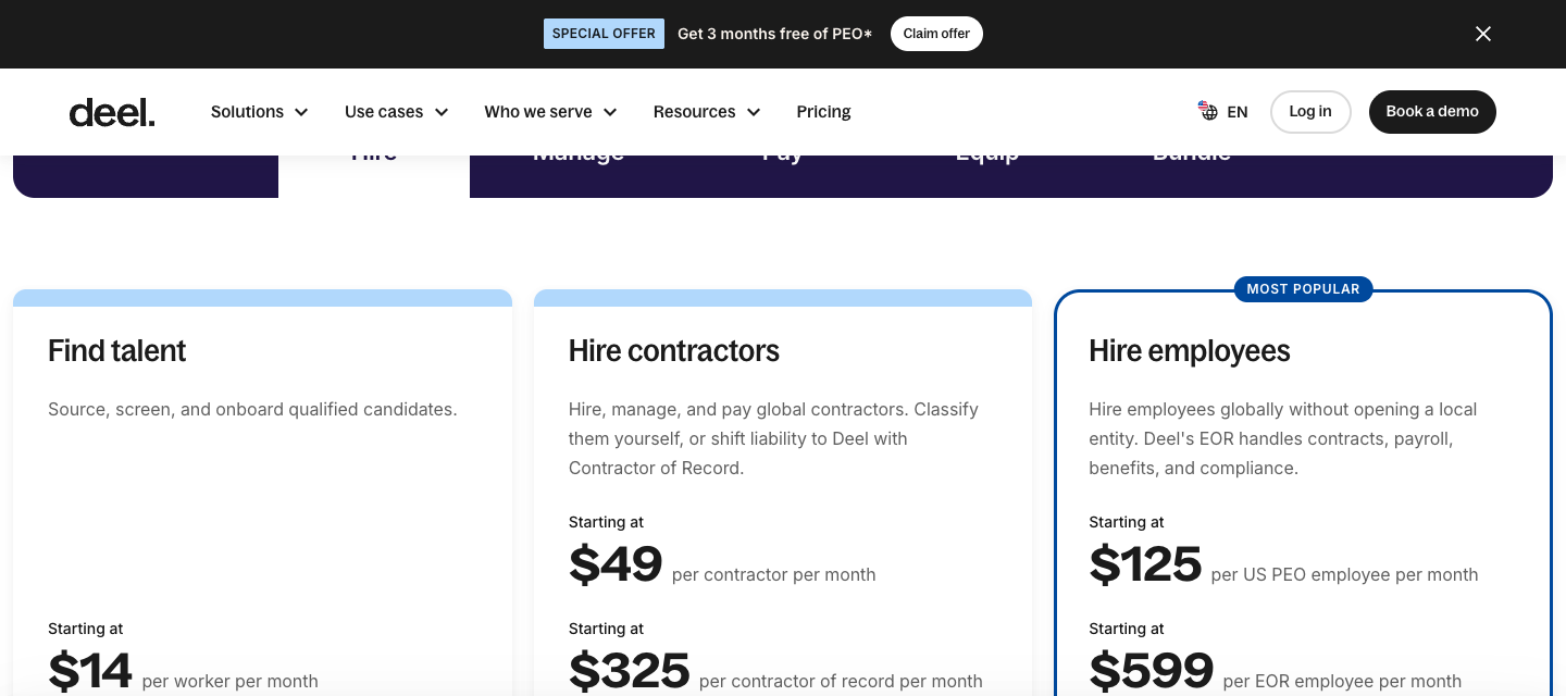 Deel review 2026: official pricing $49 contractor $325 Contractor of Record $599 EOR and $125 US PEO