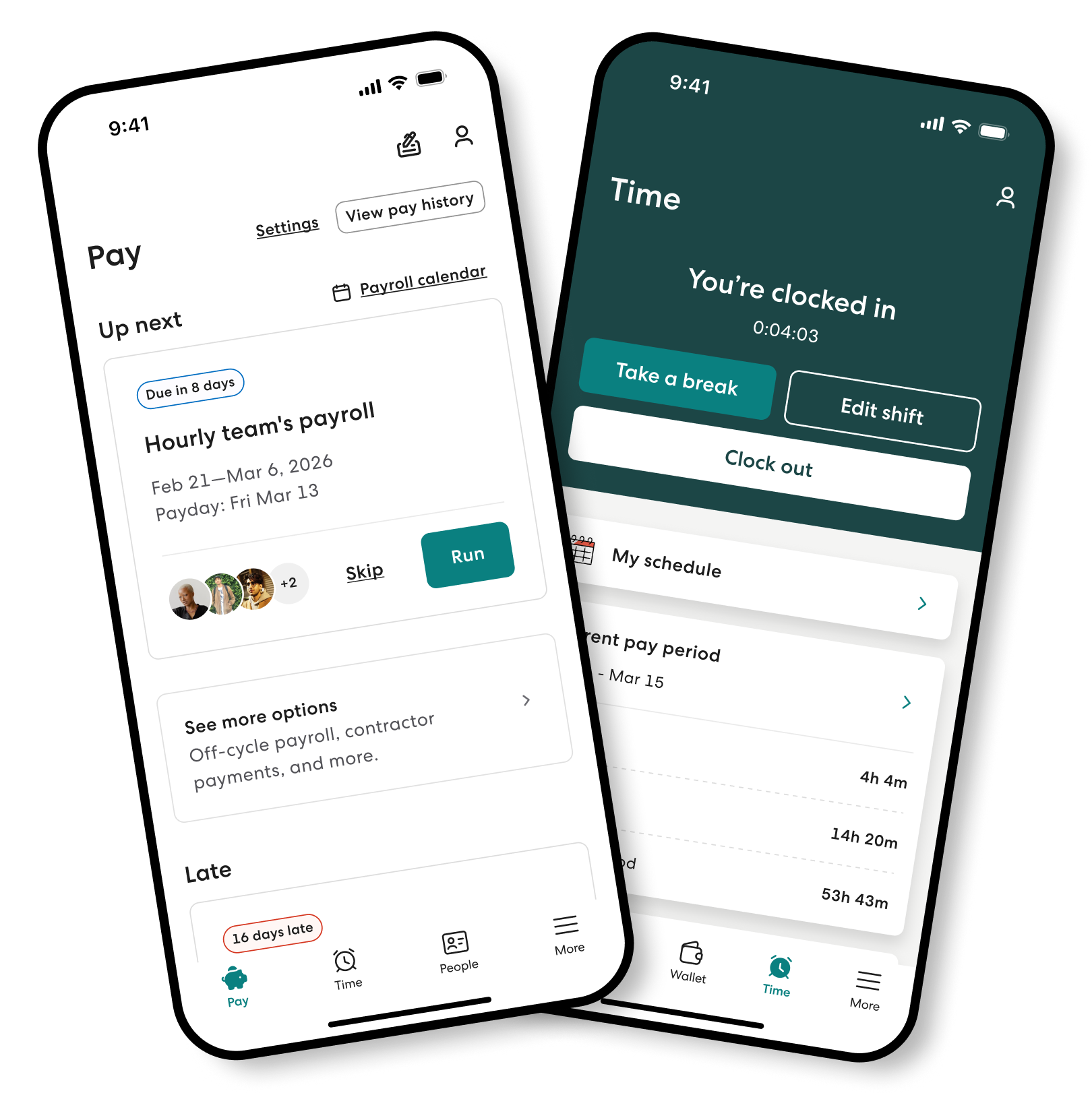 Gusto payroll app official employer and employee screens showing pay and time tracking