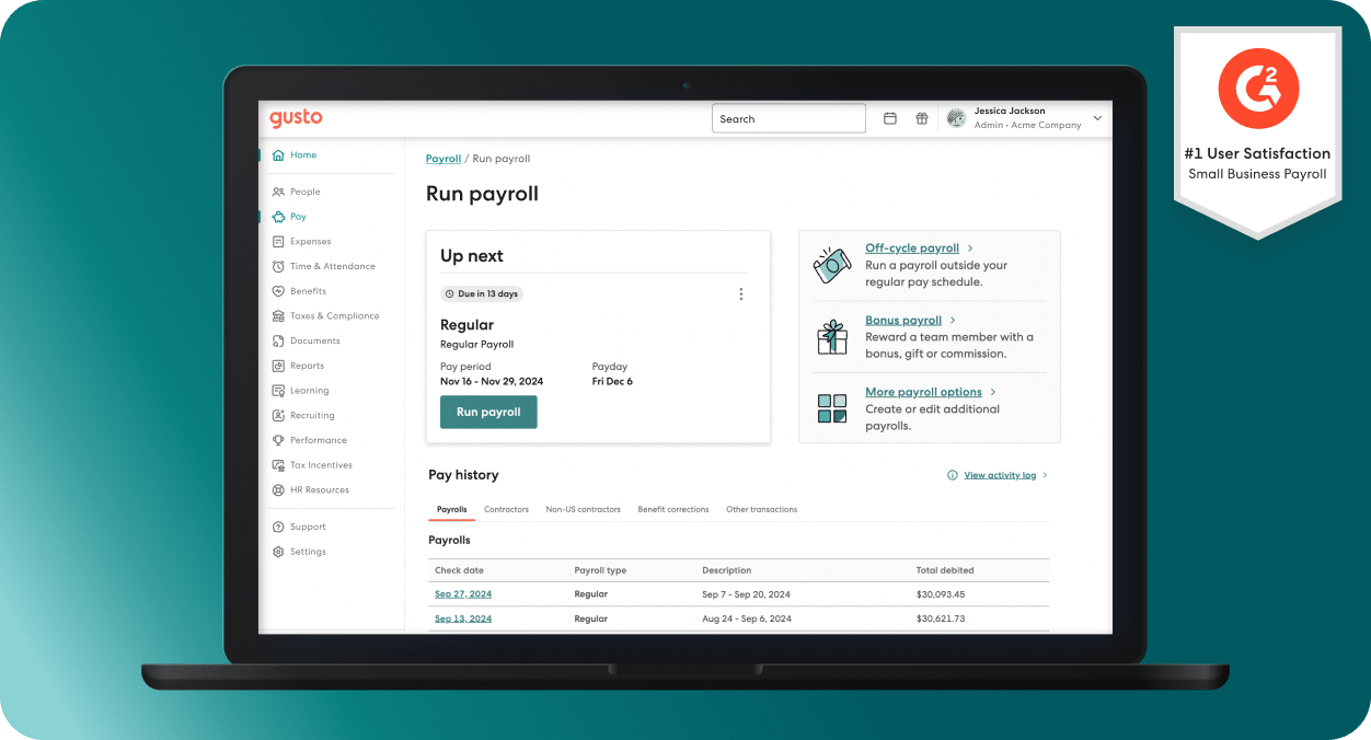 Gusto review 2026: official example payroll dashboard showing payroll options and pay history