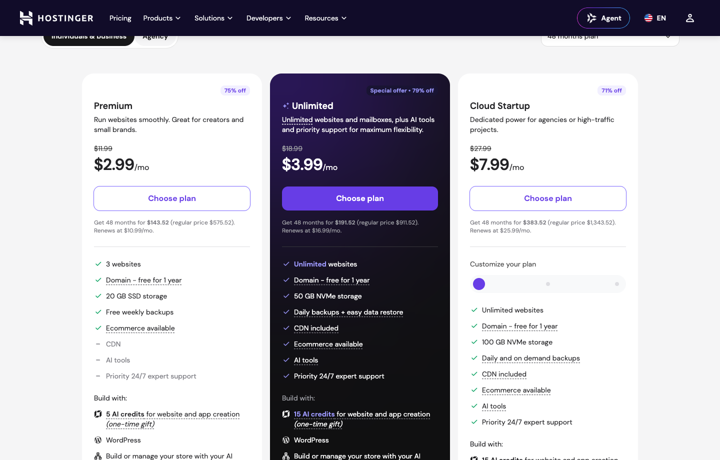 Hostinger official October 2026 pricing cards showing Premium 2.99 USD, Unlimited 3.99 USD, Cloud Startup 7.99 USD and renewal details.