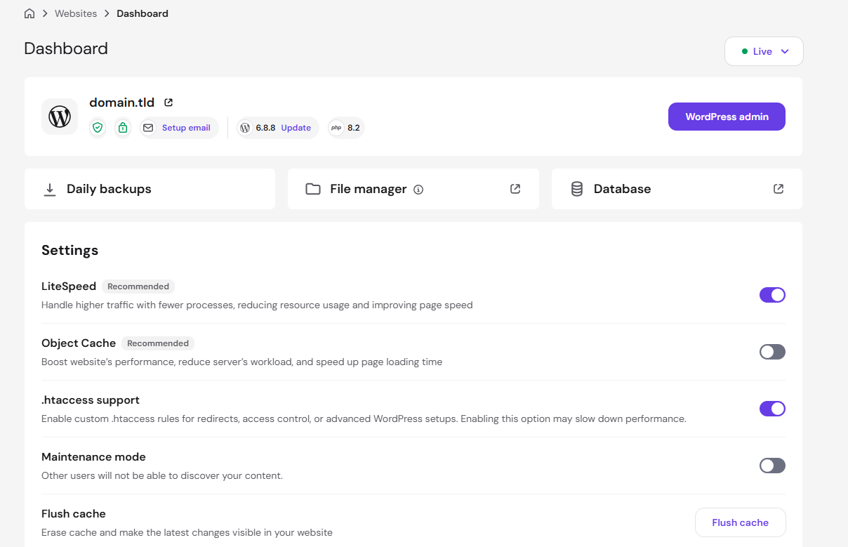 Hostinger official dashboard screenshot with WordPress admin shortcut, daily backups, file manager, database, LiteSpeed and object cache settings.