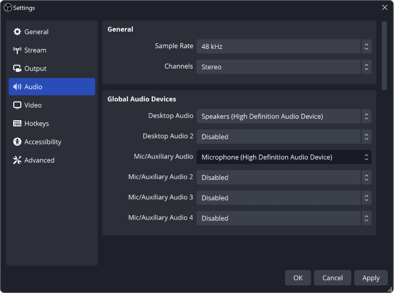 OBS Studio actual Audio Settings interface from the official project guide