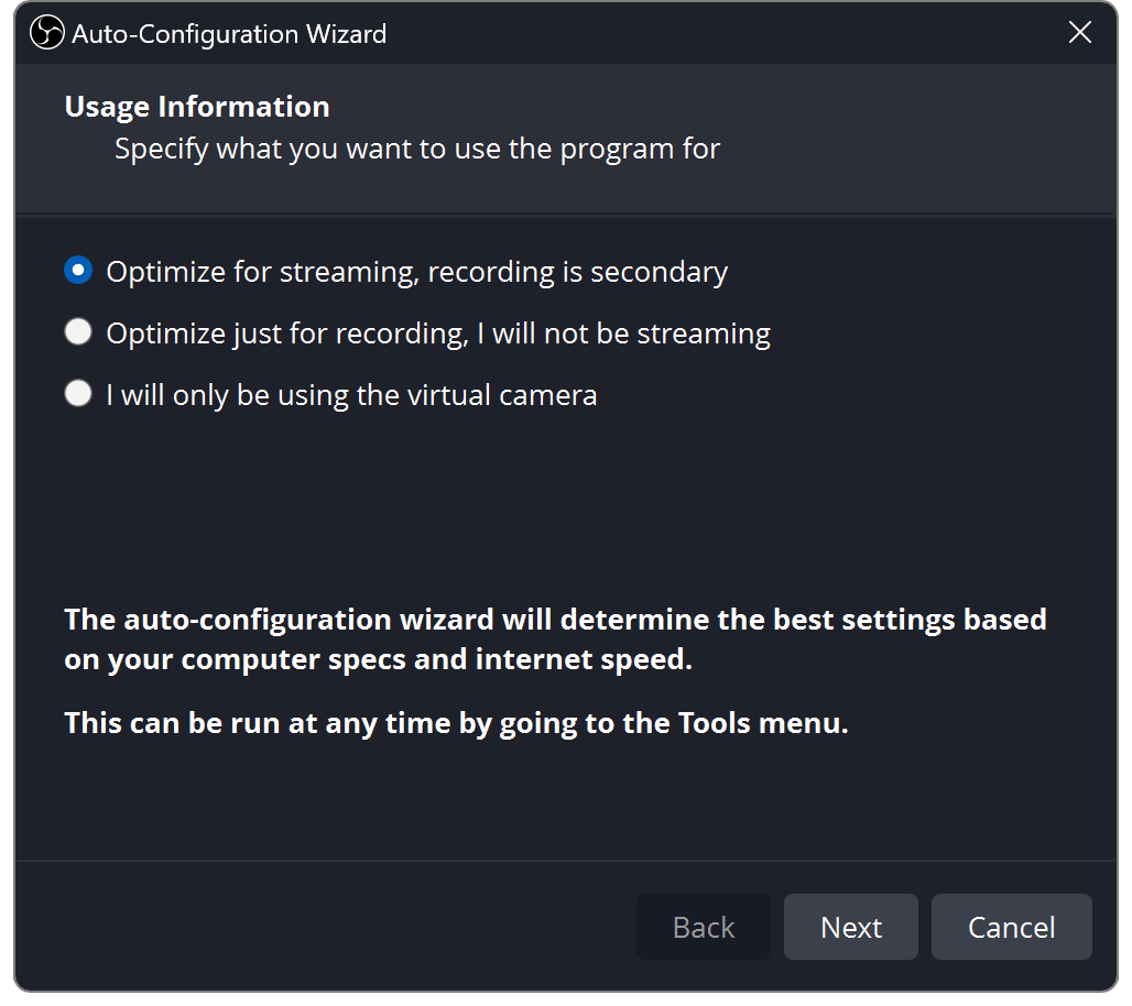 OBS Studio Auto-Configuration Wizard screenshot from the OBS Project