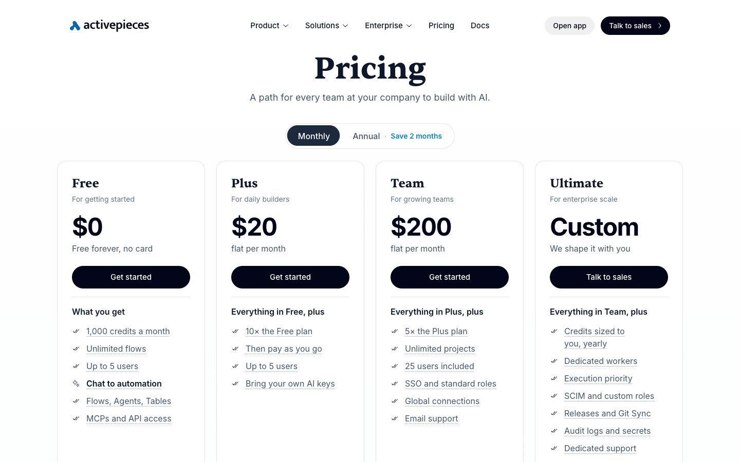 Activepieces — public pricing plans screenshot, October 2026