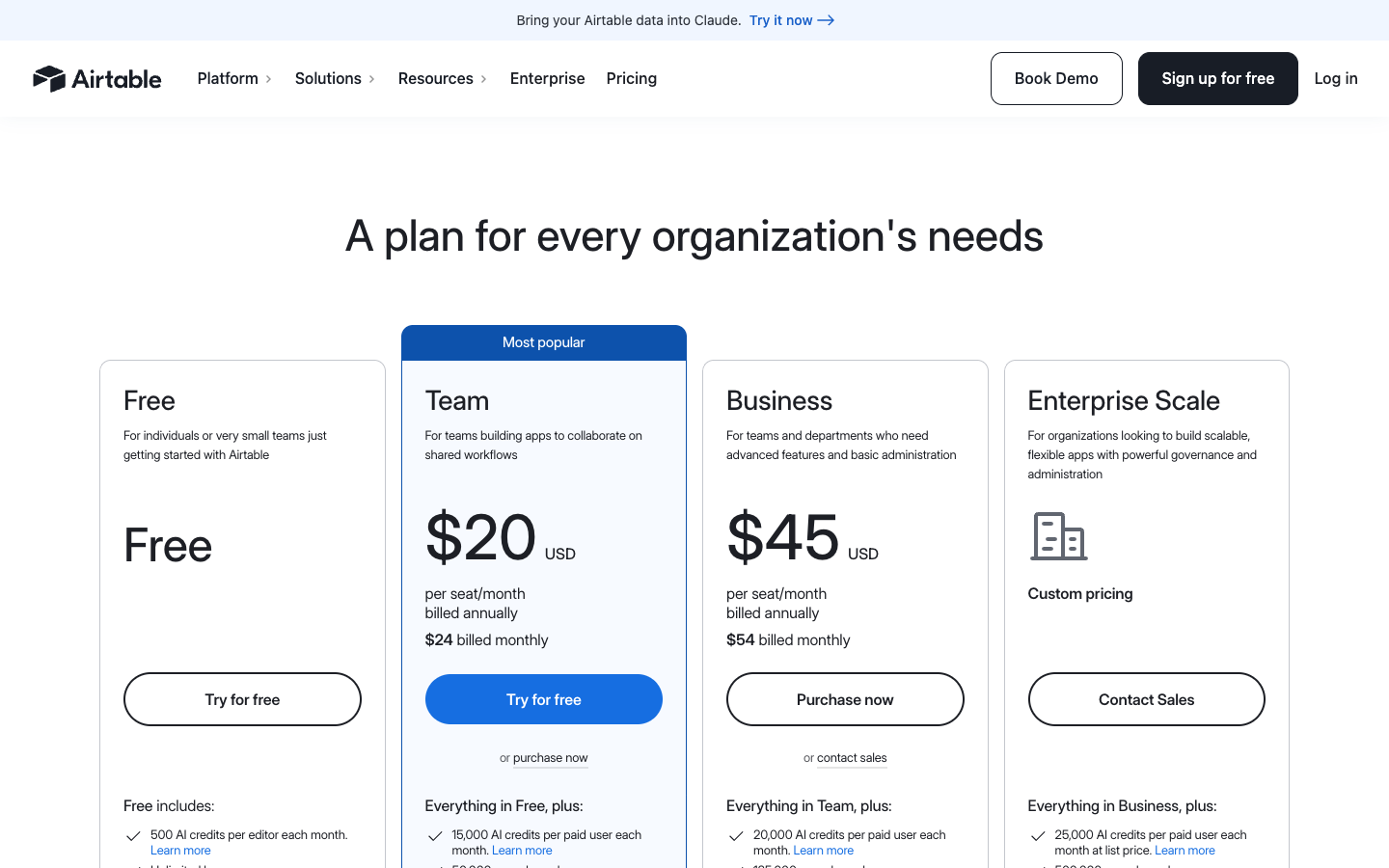 Airtable — public pricing plans screenshot, October 2026