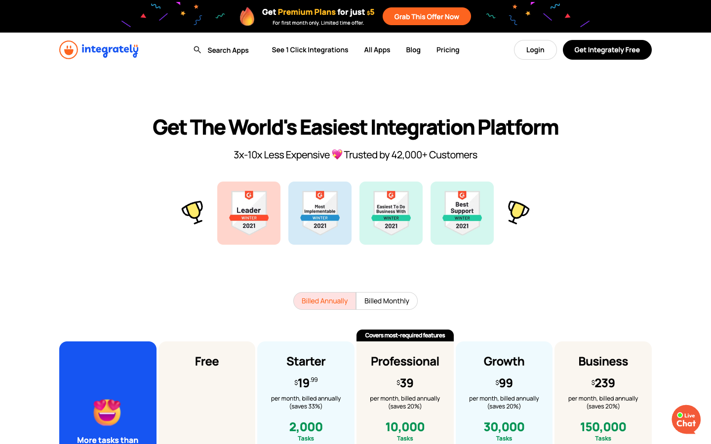 Integrately — public pricing plans screenshot, October 2026