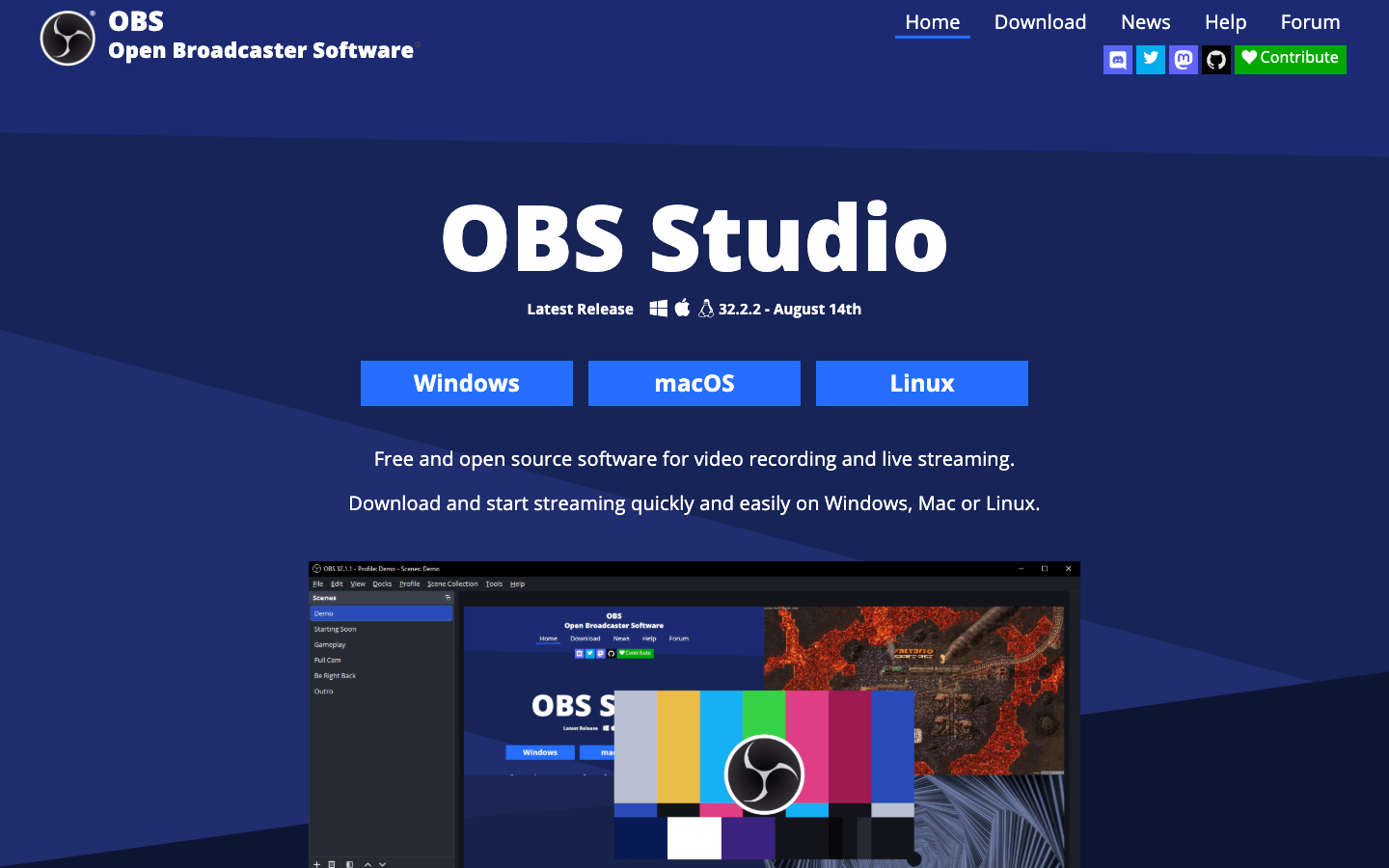 OBS Studio — official public product website screenshot, October 2026