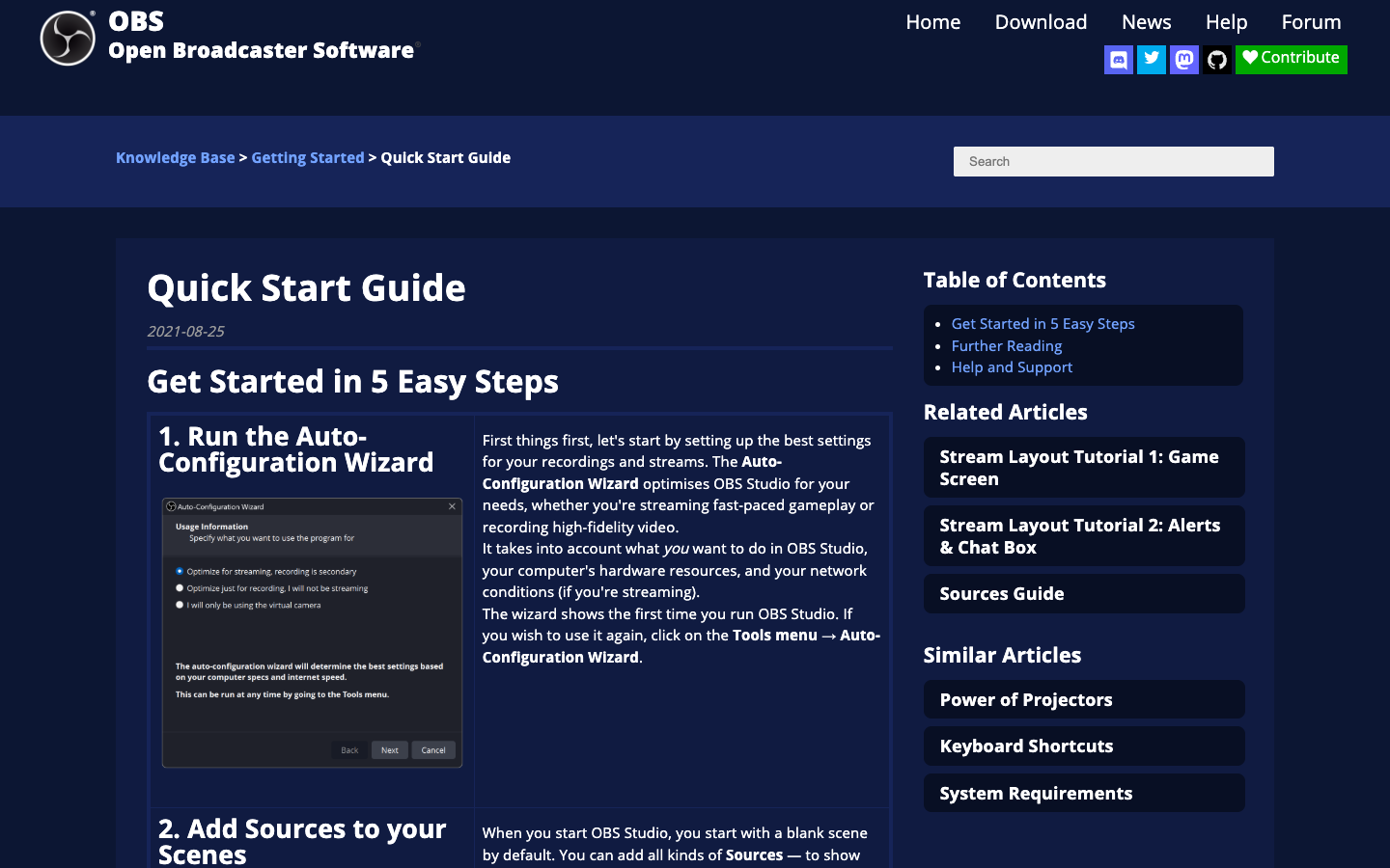 OBS Studio — official OBS Project Quick Start Guide screenshot, October 2026